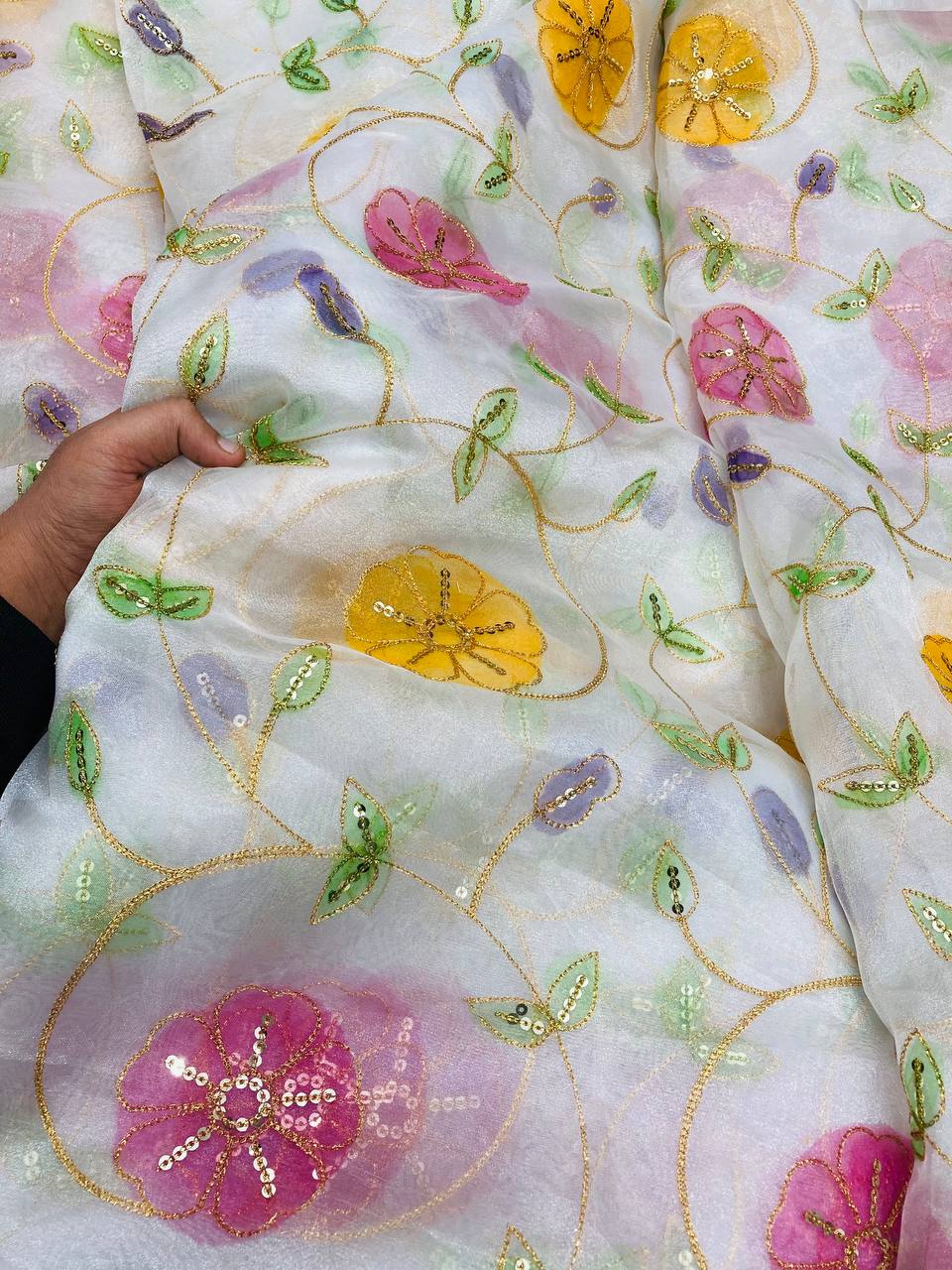 (SALE Prices) Most Premium Position Print Organza FABRIC With Fine Embroidery