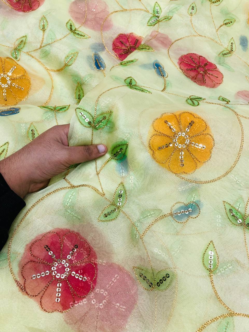 (SALE Prices) Most Premium Position Print Organza FABRIC With Fine Embroidery