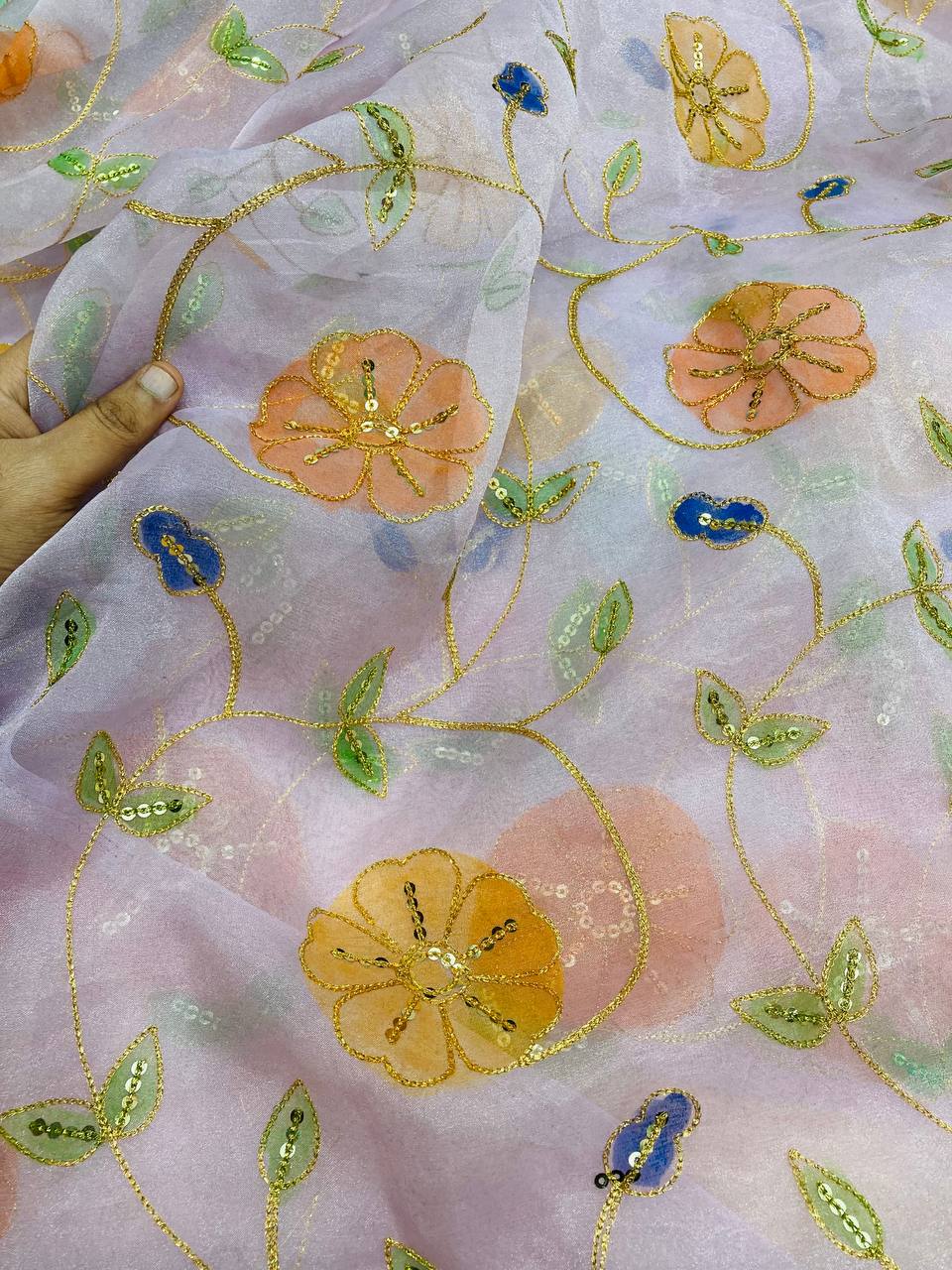 (SALE Prices) Most Premium Position Print Organza FABRIC With Fine Embroidery