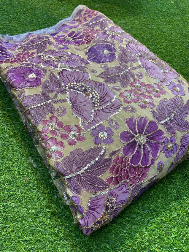 Fine Zari & Sequin Embroidery On Most Premium Russian Silk Fabric ( Lavender Colour )