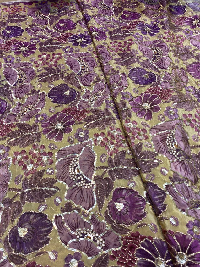 Fine Zari & Sequin Embroidery On Most Premium Russian Silk Fabric ( Lavender Colour )