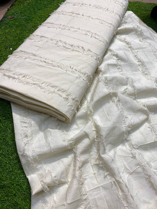 Most Premium Quality Of Pure Kora Cotton Chikan Lace & Fine Zari Fabric (DYEABLE)