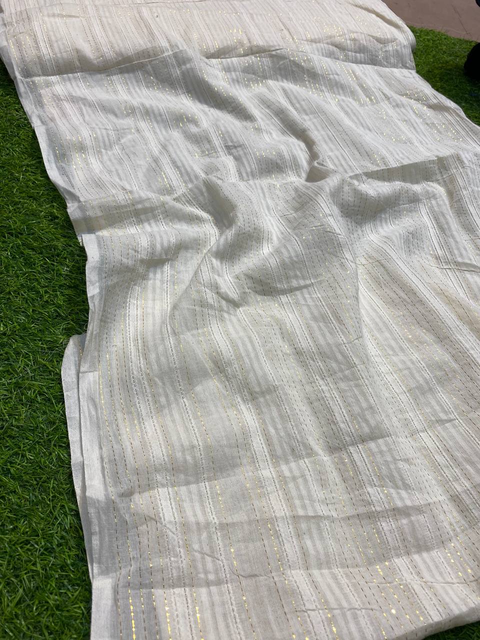 Most Premium Quality Of Pure Kora Cotton Chikan Lace & Fine Zari Fabric (DYEABLE)