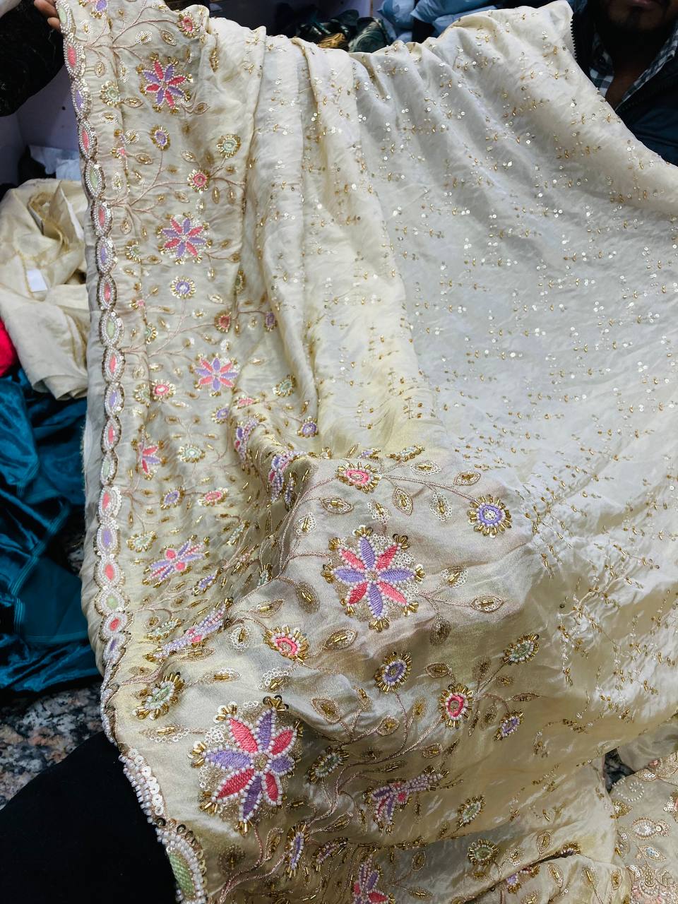 Most Premium Heavy Cut Dana Beats Hand Work On Pure Dyeable Cosmos (Kanjivaram) SILK FABRIC (Big WIDTH!!)