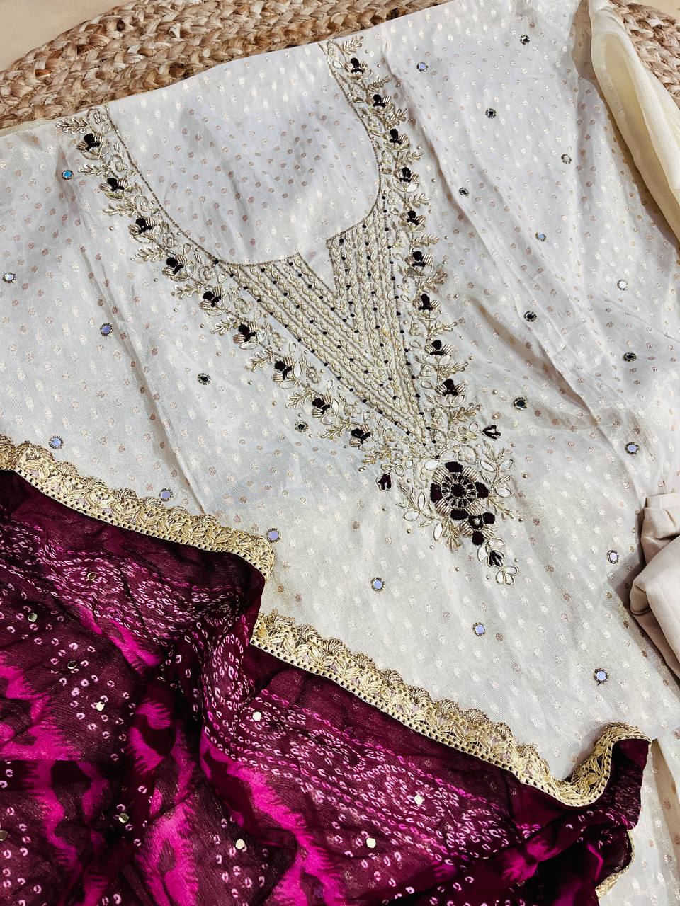 Premium Fine Pure Russian Silk Suit With Dupatta & Bottom