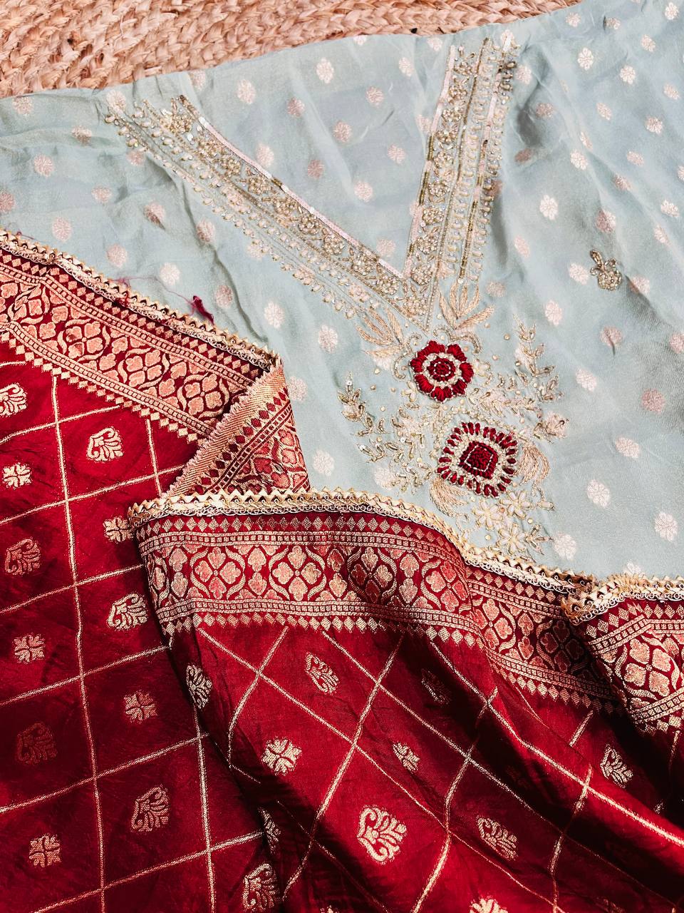 Premium Fine Pure Russian Silk Suit With Banarasi Dupatta & Bottom