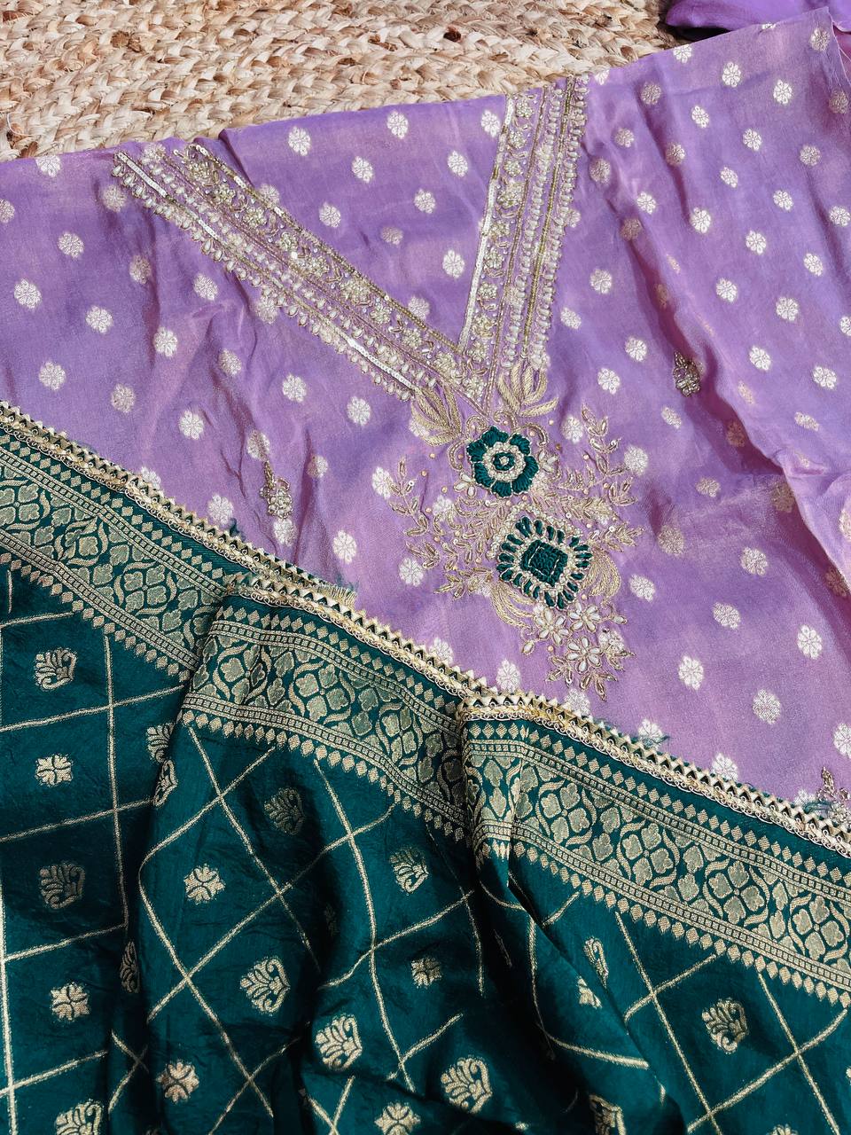 Premium Fine Pure Russian Silk Suit With Banarasi Dupatta & Bottom