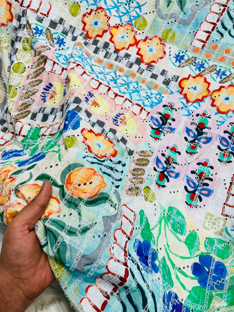 Premium Fine Hakuba Chikankari Embroidery On Pure Cotton Printed FABRIC (Big WIDTH!!)