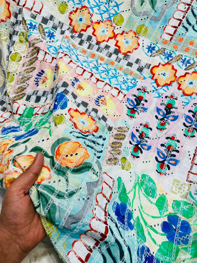 Premium Fine Hakuba Chikankari Embroidery On Pure Cotton Printed FABRIC (Big WIDTH!!)