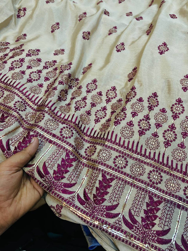 Most Premium Fine Embroidery On Pure Chinon FABRIC