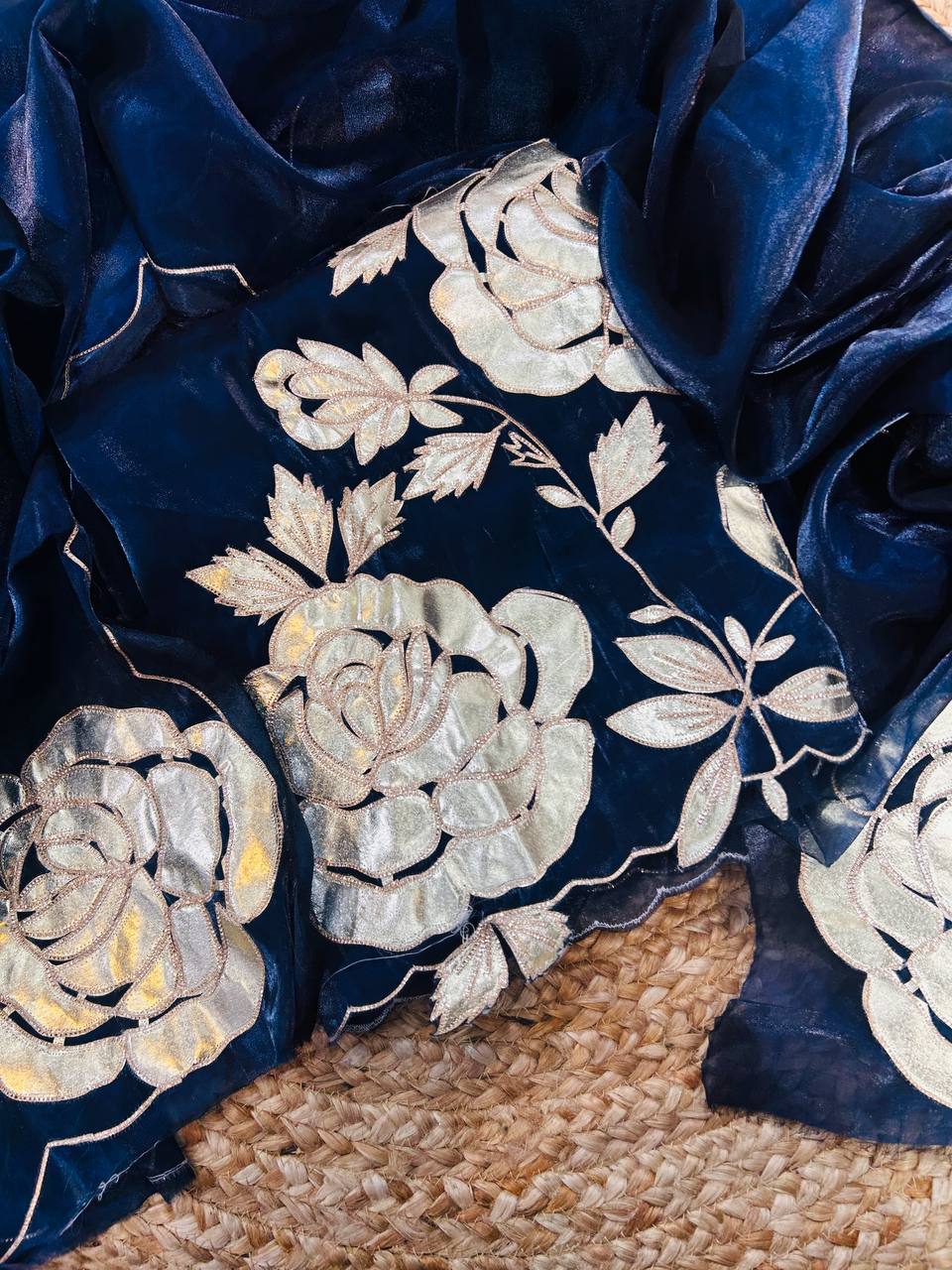 Premium Quality Of Jimmy Choo. Organza Leather Work Suit With Dupatta & Bottom (DARK BLUE)