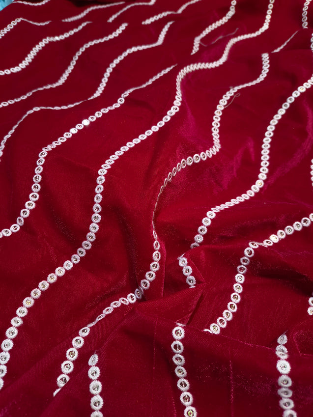 (Cut Piece SALE Fabric) Premium Pure Imported Velvet Fabric With Fine Embroidery (Cut SIZE: 2.50 Meter)