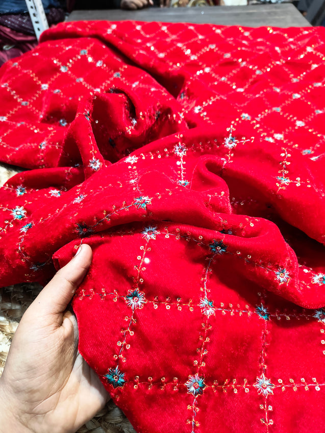 (Cut Piece SALE Fabric) Premium Pure Imported Velvet Fabric With Fine Embroidery (Cut SIZE: 2.50 Meter)