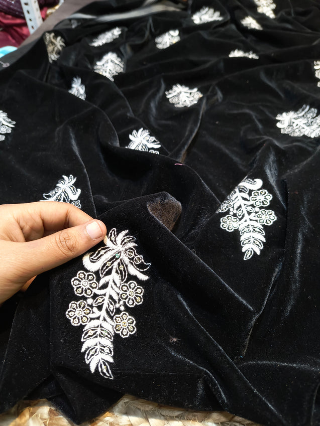 (Cut Piece SALE Fabric) Premium Pure Imported Velvet Fabric With Fine Embroidery (Cut SIZE: 2.50 Meter)
