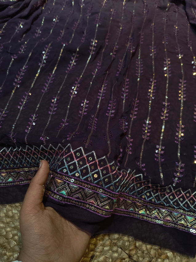 (Cut Piece SALE Fabric) Premium Pure  Fine Embroidery On Pure Georgette FABRIC - 6 Meter Cut Size