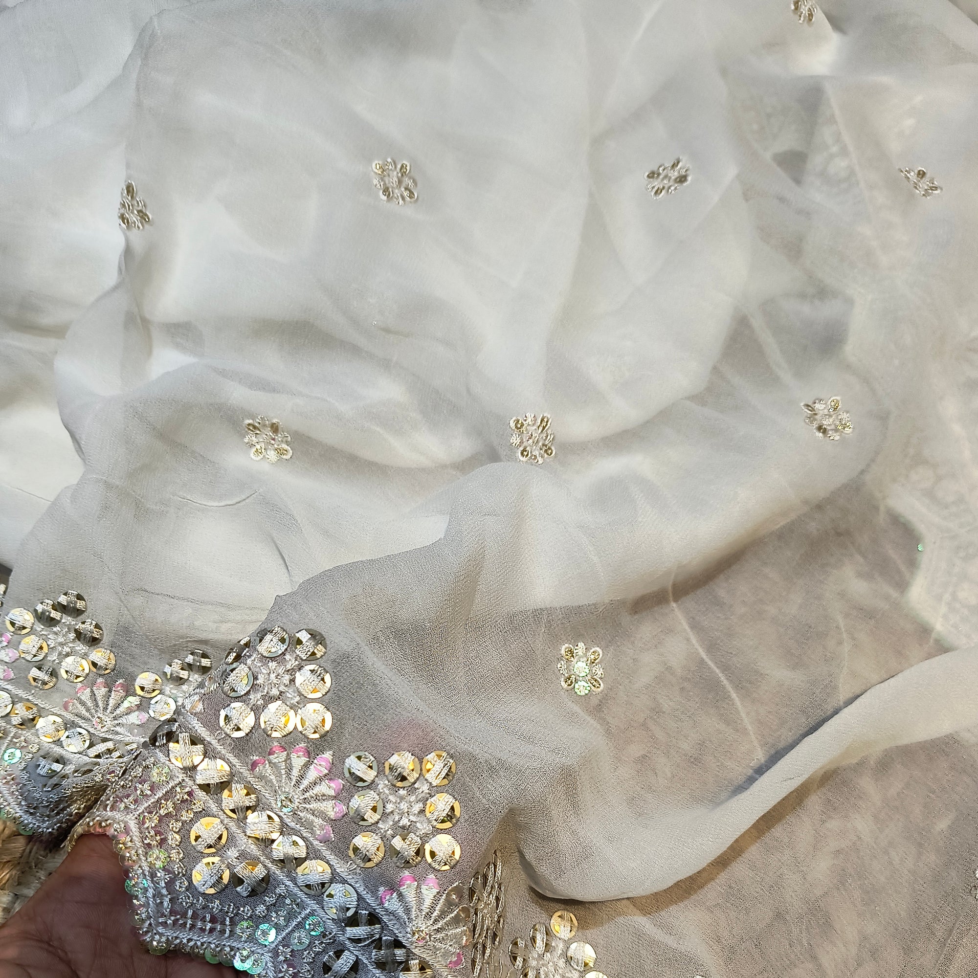 (Cut Piece SALE Fabric) Premium Pure  Fine Embroidery On Pure Dyeable Viscose Georgette FABRIC - 2.25 Meter Cut Size