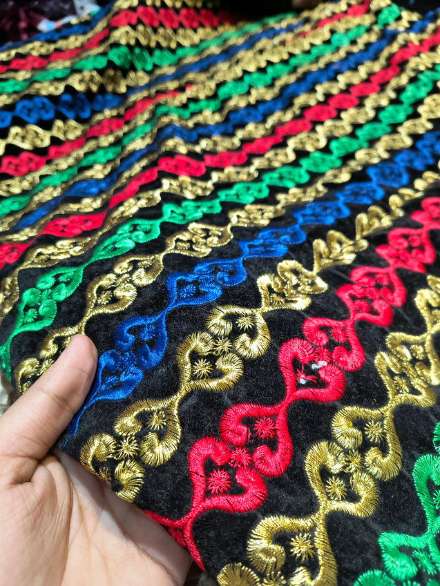 (Cut Piece SALE Fabric) Premium Pure Imported Velvet Fabric With Fine Embroidery (Cut SIZE: 1.50 Meter)