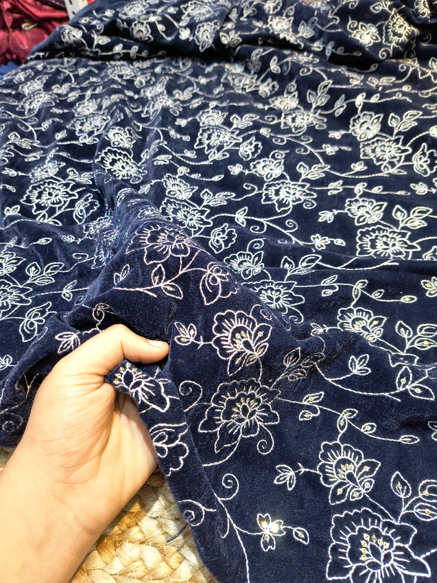 (Cut Piece SALE Fabric) Premium Pure Imported Velvet Fabric With Fine Embroidery (Cut SIZE: 2.50 Meter)